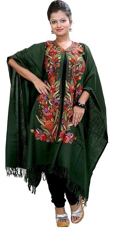 Dark-Green Kashmiri Cape with Floral Aari Embroidery by Hand