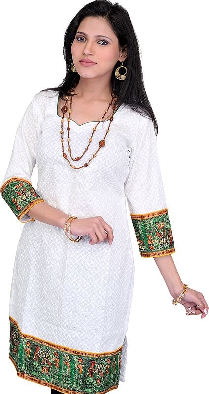 Chikan Embroidered Bright-White Kurti with Printed Madhubani Patch Border