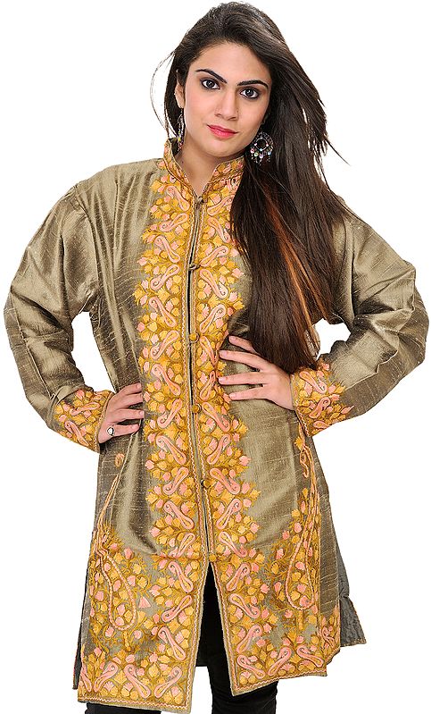Coriander Kashmiri Long Jacket with Aari Hand-Embroidered Paisleys