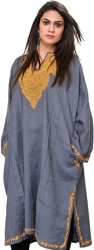 Gray Phiran from Kashmir with Aari Hand-Embroidery on Neck