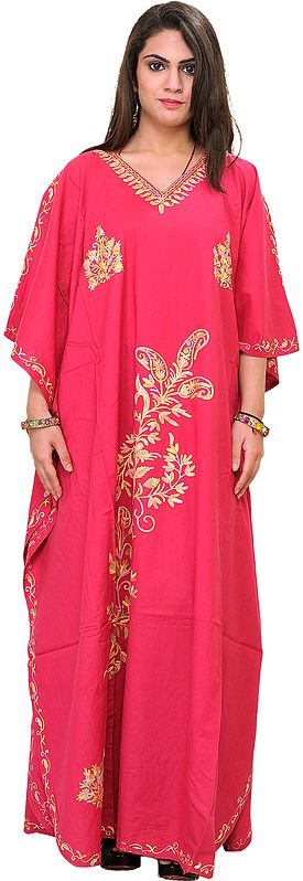 Pink-Flambé Kashmiri Kaftan with Aari-Embroidered Paisleys