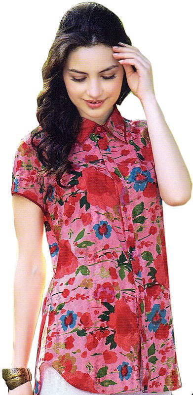 Flamingo-Pink Shirt with Printed Flowers