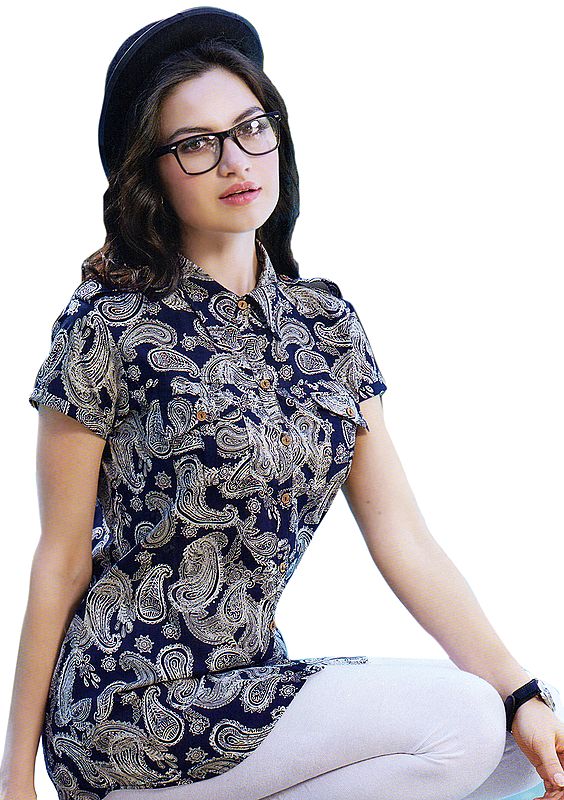 Dark-Blue Shirt with Printed Paisleys All-Over