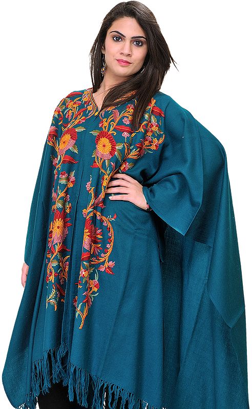 Colonial-Blue Cape from Kashmir with Floral Embroidered Buds