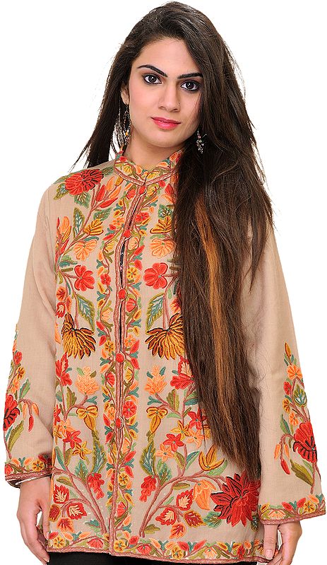 Gray-Morn Kashmiri Jacket with Aari Embroidered Flowers by Hand