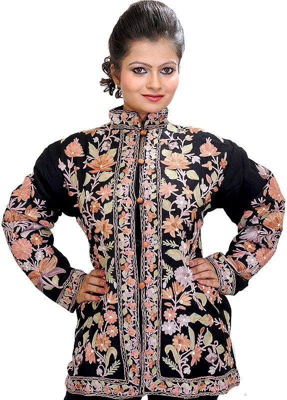 Caviar-Black Jacket from Kashmir with Aari Embroidered Flowers All-Over