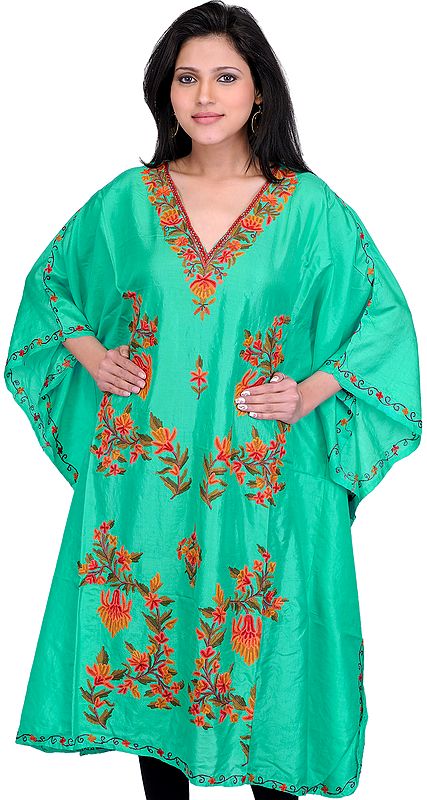 Mint-Green Kashmiri Short Kaftan with Aari Embroidery by Hand