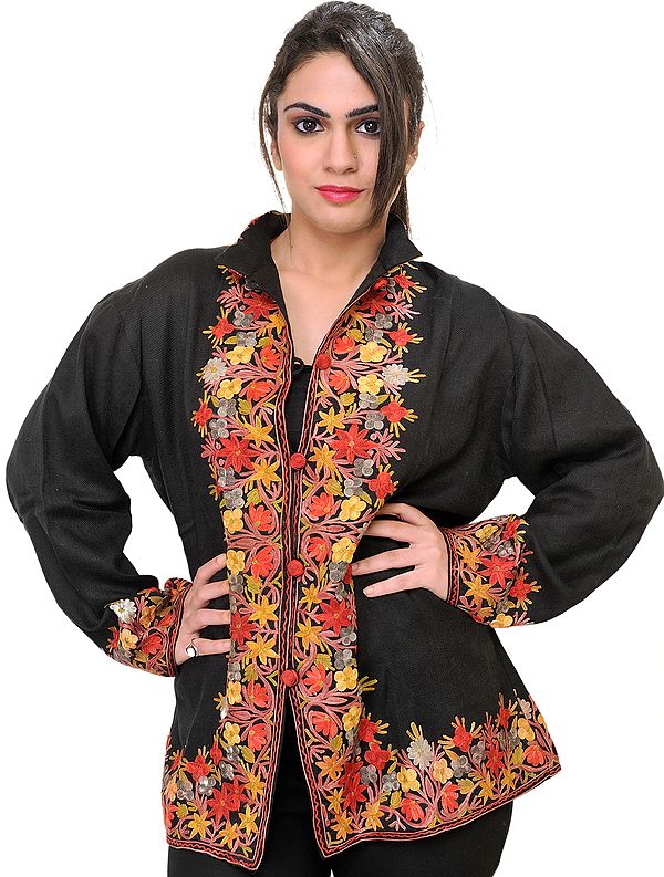 Pirate-Black Kashmiri Jacket with Embroidery in Multi-color Thread