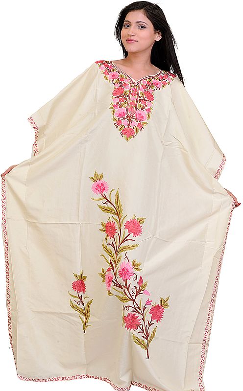 Egret-White Kashmiri Kaftan with Aari-Embroidered Flowers