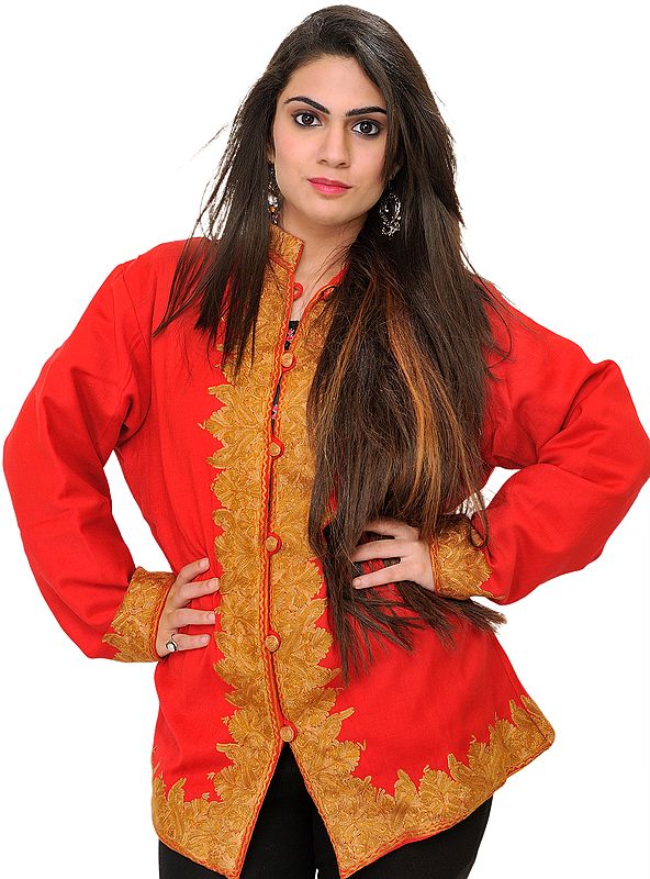 Tomato-Red Kashmiri Jacket with Hand-Embroidered Paisleys in Gold Color