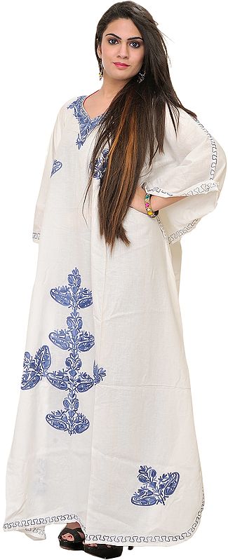 Bright-White Kashmiri Kaftan with Embroidered Paisleys