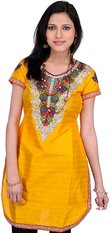 Saffron-Yellow Kurti with Floral Embroidered Patch and Crystals