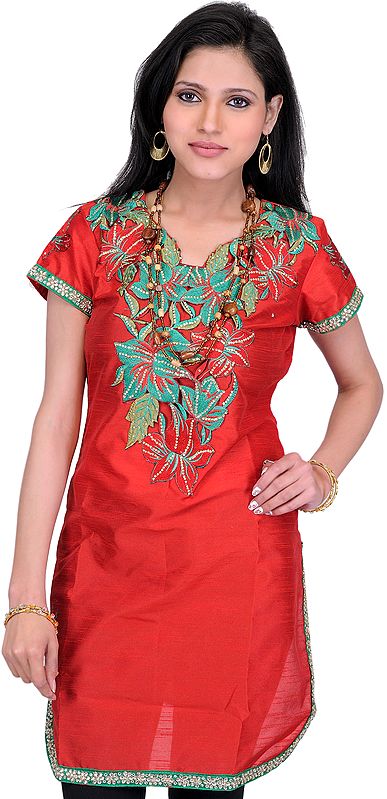 Tomato-Red Kurti with Embroidered Patch on Neck