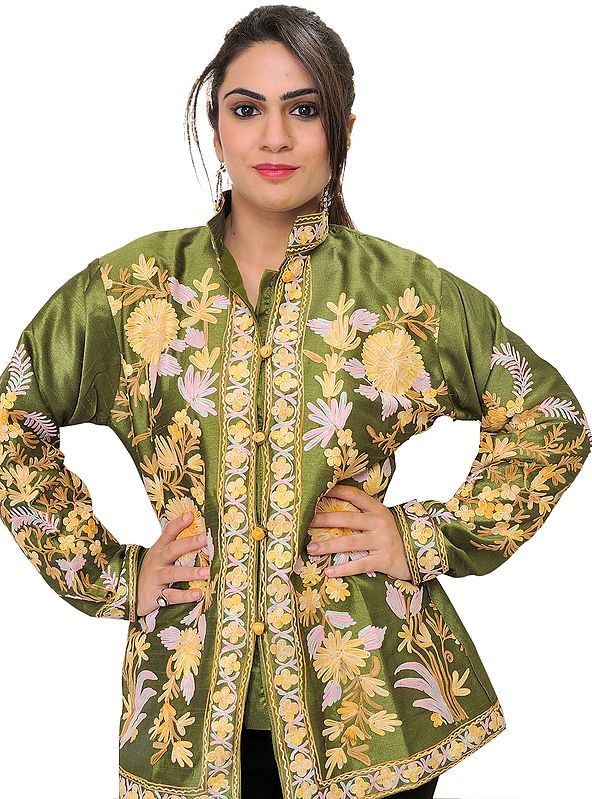 Cactus-Green Jacket from Kashmir with Aari Embroidery