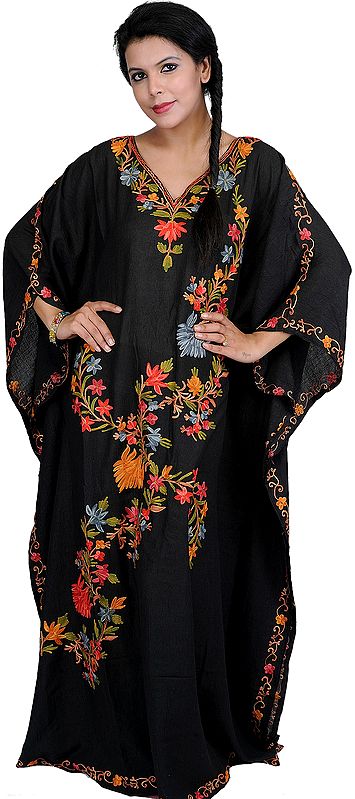 Phantom-Black Kashmiri Kaftan with Aari Hand-Embroidery in Multicolor Thread