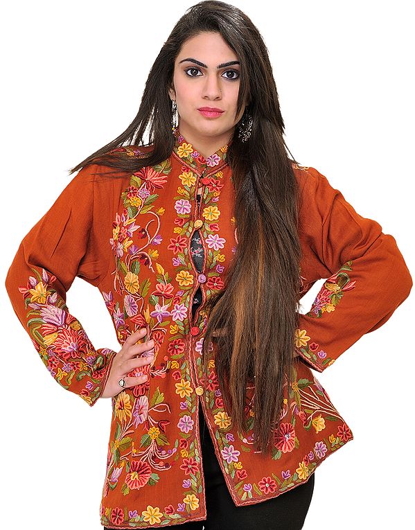 Bombay-Brown Floral Hand-Embroidered Jacket from Kashmir