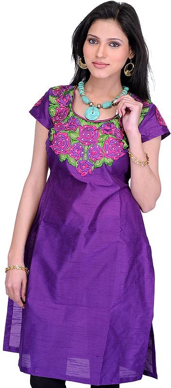 Prism-Violet Kurti with Roses Embroidered Patch and Crystals