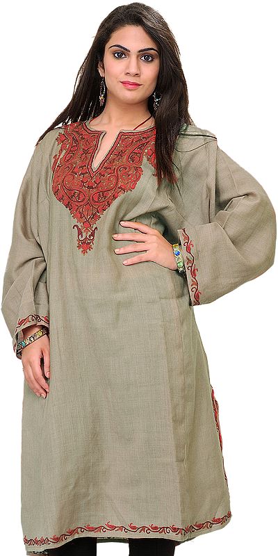 Oyster-Gray Phiran from Kashmir with Aari Hand-Embroidered Paisleys on Neck