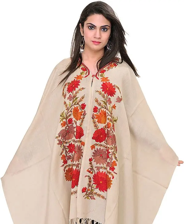 Sandshell-Colored Cape from Kashmir with Aari Embroidered Flowers by Hand