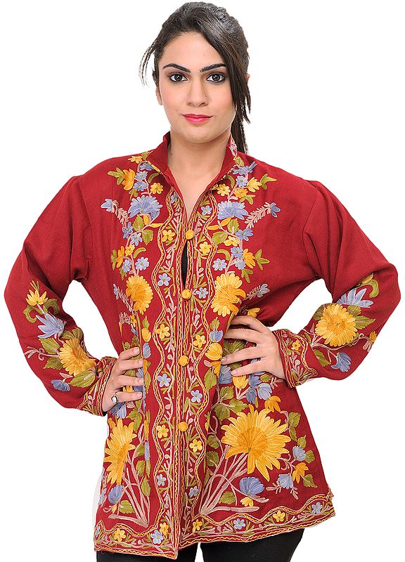 Garnet-Red Kashmiri Jacket with Aari Embroidered Large Flowers