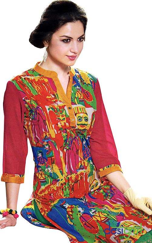 Multi-Color Long Kurti with Abstract Print