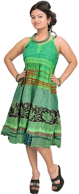 Bud-Green Printed Barbie Dress with Patchwork