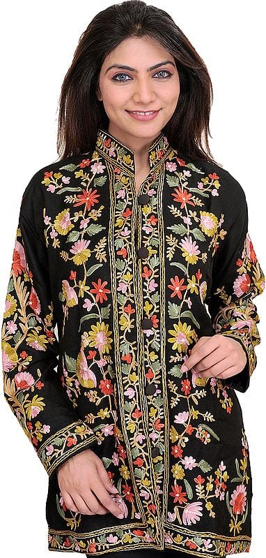 Jet-Black Kashmiri Jacket with Aari Embroidered Flowers in Multicolor Thread