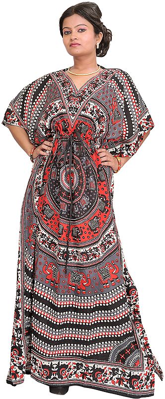 Kaftan with Printed Elephants and Dori at Waist