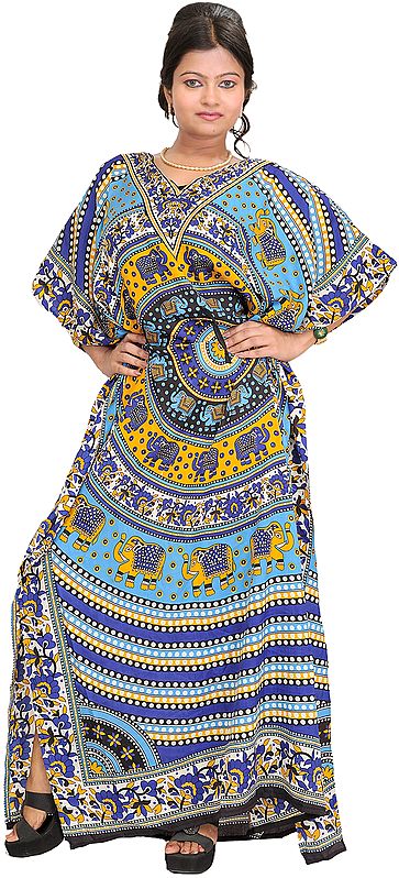 Kaftan with Printed Elephants and Dori at Waist