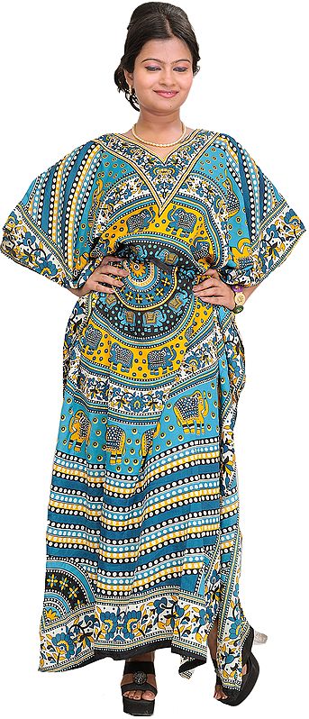 Kaftan with Printed Elephants and Dori at Waist