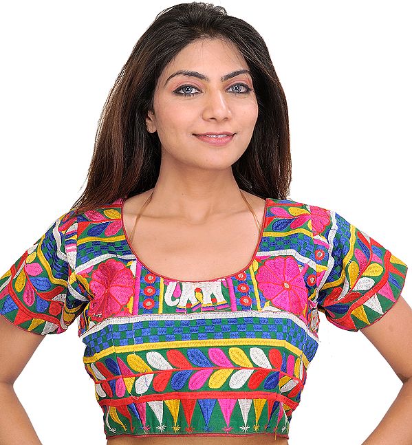 Fairway-Green Choli from Kutch with Embroidery in Multicolor Thread