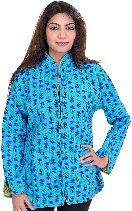 Cyan-Blue Reversible Jacket from Pilkhuwa with Straight Stitch and Printed Flowers