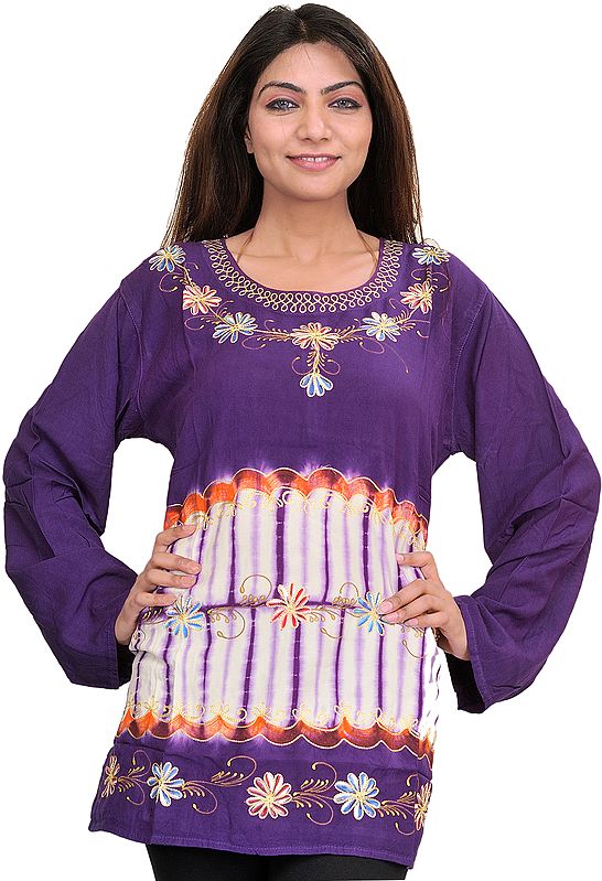 Petunia-Purple Kurti with Batik Print and Thread Work