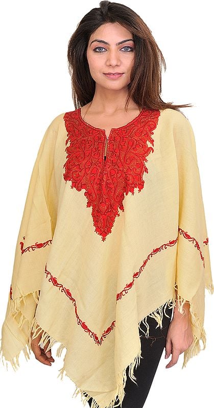 Poncho from Kashmir with Aari Hand-Embroidered Paisleys on Neck
