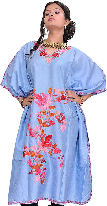 Placid-Blue Kashmiri Short Kaftan with Aari Embroidered Maple Leaves