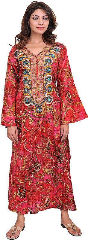 Rococco-Red Kashmiri Kaftan with Embroidered Beads and Akbari Print