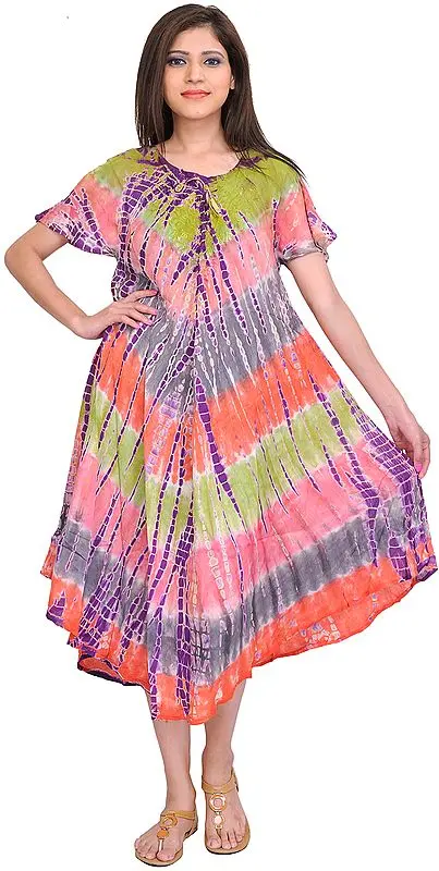 Multicolor Batik Printed Dress with Dori on Neck