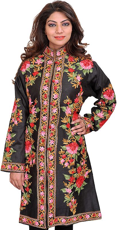 Caviar-Black Kashmiri Long Jacket with Aari Embroidered Flowers in Multicolor Thread