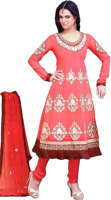 Strawberry-Pink Choodidaar Kameez Suit with Embroidered Flowers All-Over and Frill Border