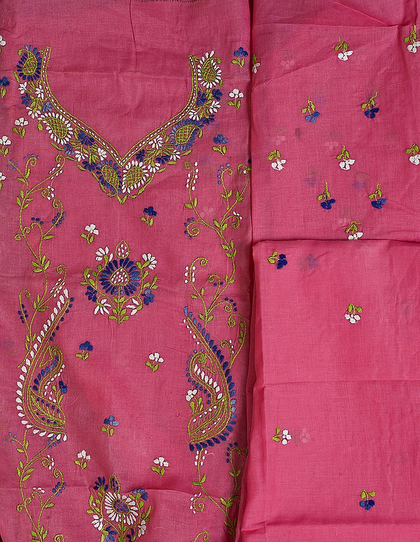 Strawberry-Pink Salwar Kameez Fabric with Kantha Embroidered Paisleys