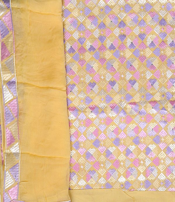 Straw-Yellow Phulkari Salwar Kameez Fabric From Punjab with Aari Embroidery All-Over