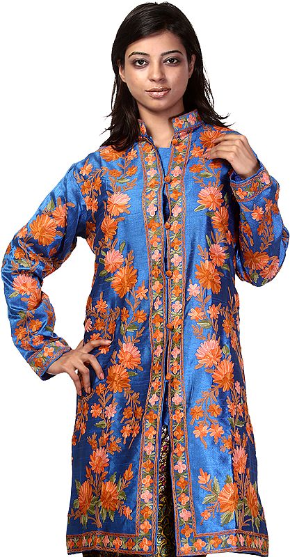 Strong-Blue Long Kashmiri Jacket with Aari Embroidered Flowers in Salmon Thread