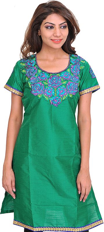 Amazon-Green Kurti with Embroidered Rose Patch and Crystals