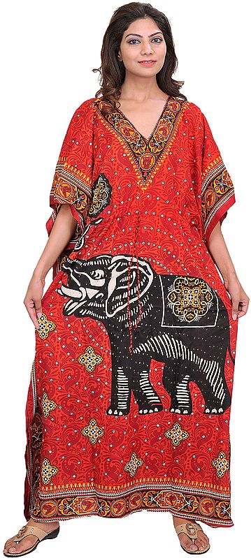 Kaftan with Printed Elephant and Dori at Waist