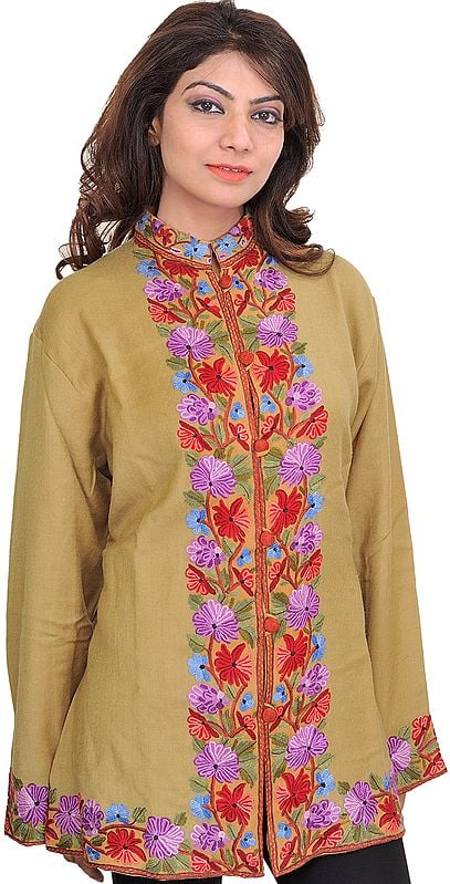 Prairie-Sand Jacket from Kashmiri with Floral Aari Embroidery on Border