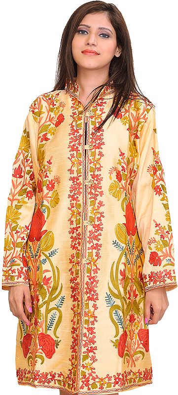Apricot-Sherbet Kashmiri Long Jacket with Floral Aari-Embroidery All-Over