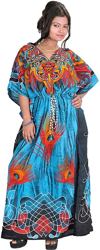 Kaftan with Printed Peacock Feathers and Dori at Waist
