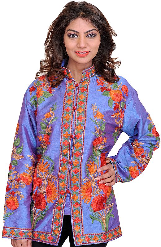 Blue-Bonnet Jacket from Kashmir with Aari-Embroidered Flowers
