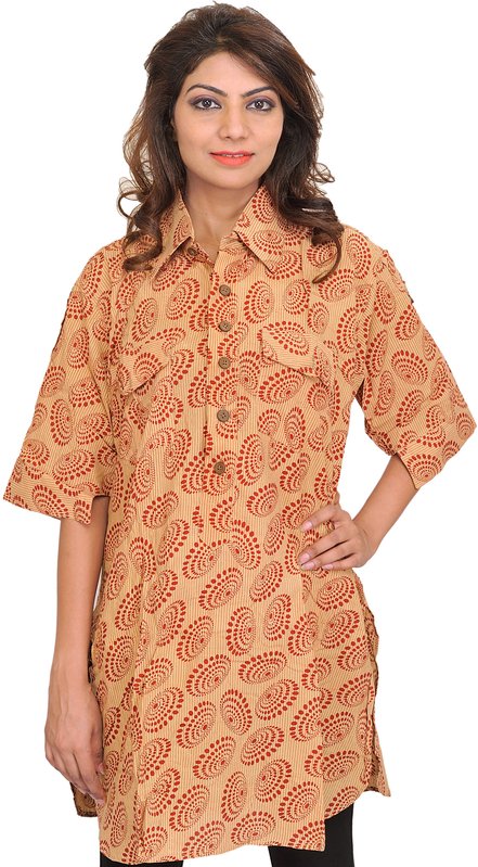 Block-printed Kurti with Collar Neck and Front Pockets