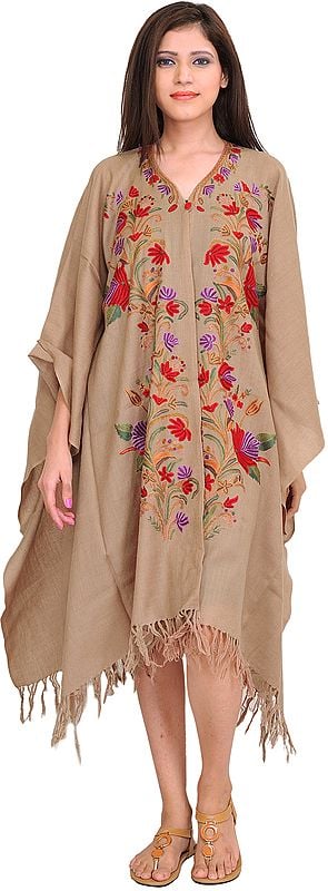 Goat-Gray Kashmir Cape with Aari Embroidered Flowers by Hand